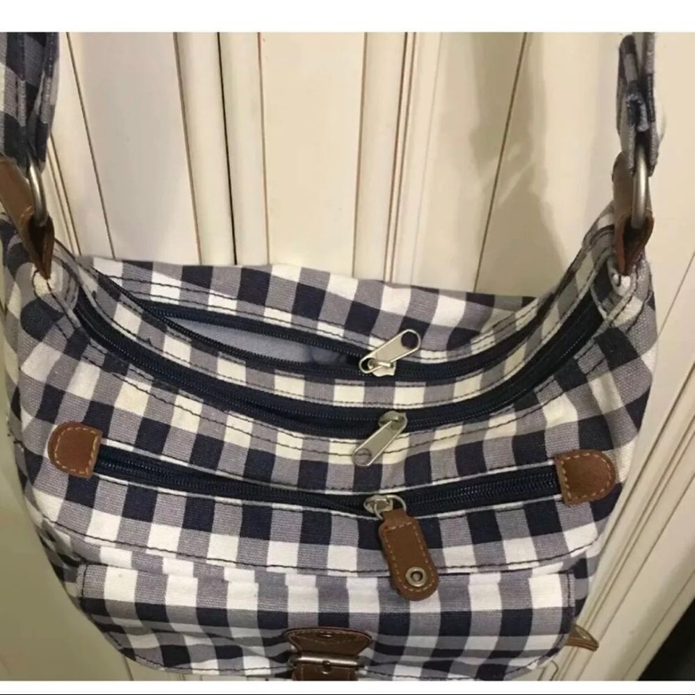 Vtg Unbranded Blue & White Checkered Denim Adjustable Handbag Purse